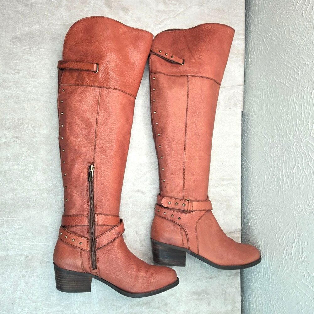Vince Camuto Equestrian Boots 7.5 Brown Leather Knee High Studded Western Riding - Picture 5 of 14